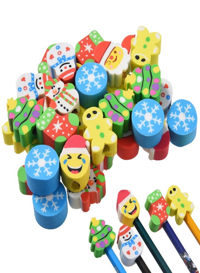 TDOCK 42 Pieces Christmas Pencil Top Erasers for Kids, Christmas Pencil Erasers Toppers Bulk, Cute Mini Cap Erasers for Holiday Party Favors Classroom Rewards Goodie Bags Stuffers Stocking Stuffers - Image 1